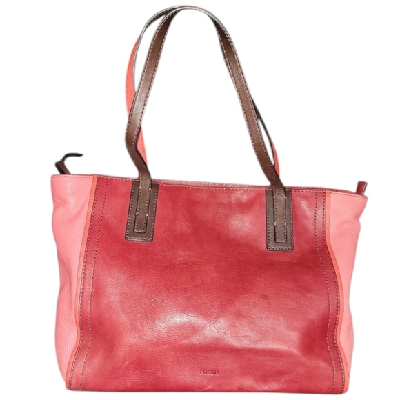 Vintage Fossil Red Leather Tote Shoulder Bag Colorblock Brown Trim - Picture 1 of 3